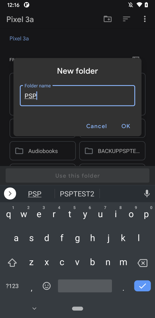 Enter a name for the new folder. PSP suggested.